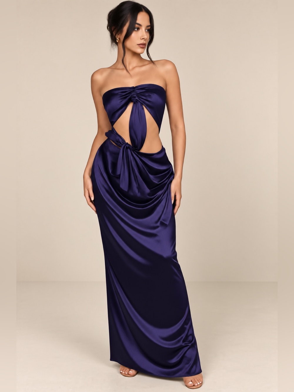 Express Navy Purple Satin Cutout Draped Maxi Dress Size S